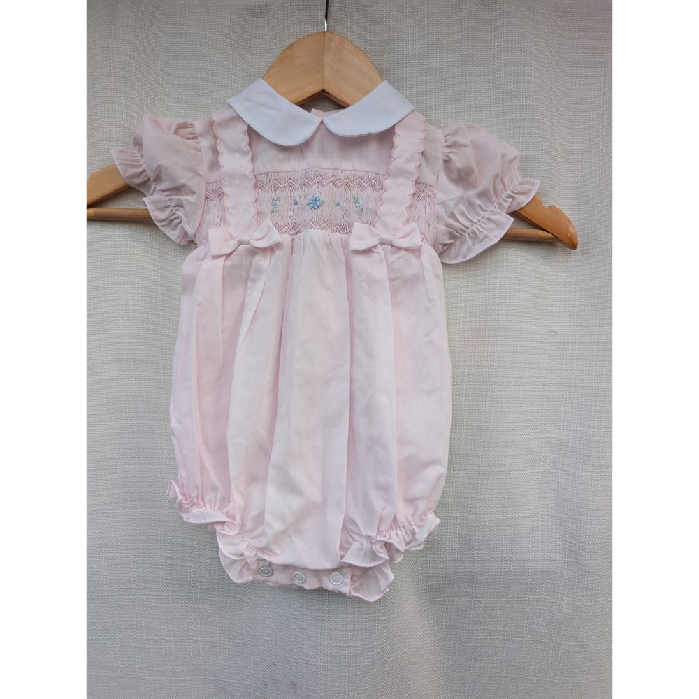 Bright Future Vintage Smocked Bubble Romper Baby Girl 6-9M Pink Peter Pan Collar